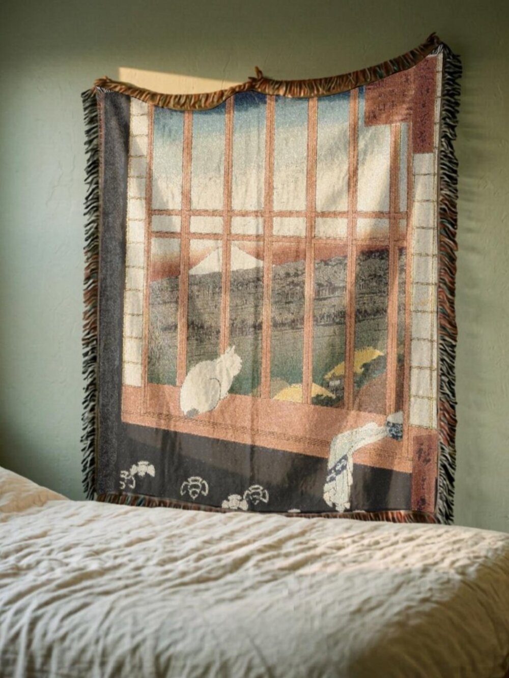 Woven Cat Landscape Blanket – Utagawa Hiroshige Ukiyo-e Throw, 100% Cotton